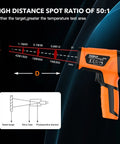 Non Contact Infrared Thermometer Gun With Dual Laser And Thermocouple Probe, 50 To 1 Pyrometer, From -40F To 3632F, Adjustable Emissivity 0.1 To 1.0, Engine Kiln Forge Industrial Temperature Check, Shop Pro Grade Accuracy showing 50:1 distance ratio