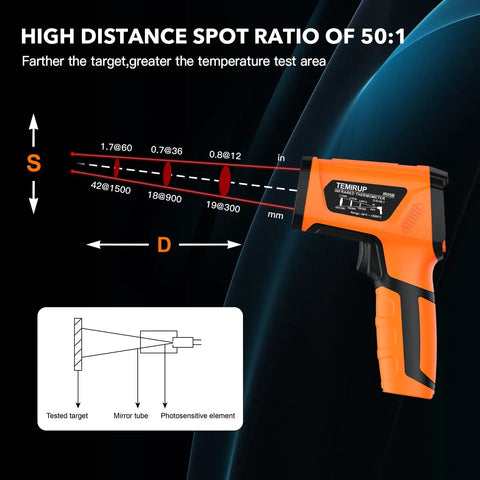 Non Contact Infrared Thermometer Gun With Dual Laser And Thermocouple Probe, 50 To 1 Pyrometer, From -40F To 3632F, Adjustable Emissivity 0.1 To 1.0, Engine Kiln Forge Industrial Temperature Check, Shop Pro Grade Accuracy showing 50:1 distance ratio