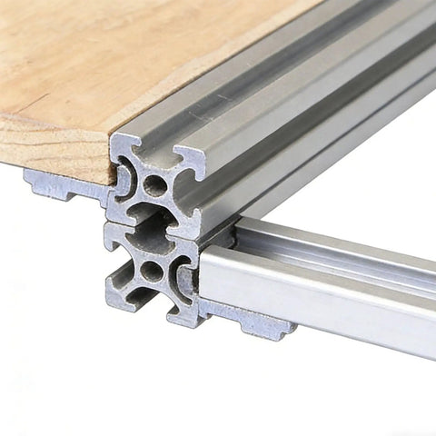 Close-up of Heavy Duty Aluminum Shelf Brackets for 2020 3030 4040 T Slot Extrusions in a shelving setup with wood surface.