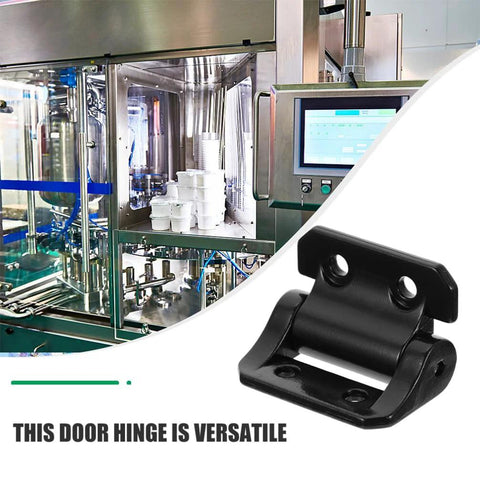 Close-up of SOLUSTRE metal cabinet door hinge, black finish with two mounting holes for heavy-load damping.