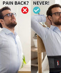 Man using Back Support Belt For Lower Back Pain Relief With Lumbar Pad for posture support, wearing office attire, sitting on a chair.