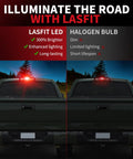 Comparison of truck with Red 921 LED Third Brake Light vs halogen bulb for Ram 1500 2019-2026 highlighting brightness difference.