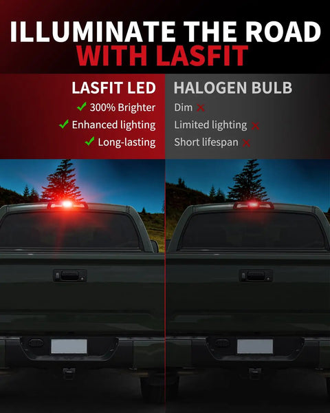 Comparison of truck with Red 921 LED Third Brake Light vs halogen bulb for Ram 1500 2019-2026 highlighting brightness difference.