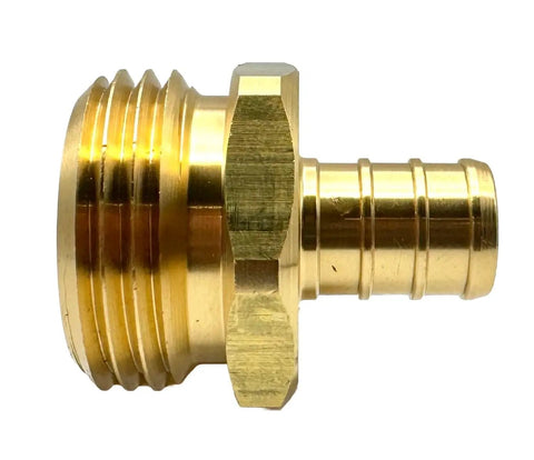 Brass Garden Hose Adapter Fitting 1/2 Inch PEX Barb To 3/4 Inch GHT Male Connector Heavy Duty High Pressure Rust And Corrosion Resistant Lead Free For Leak Free Outdoor Water Connections brass hose fitting side view