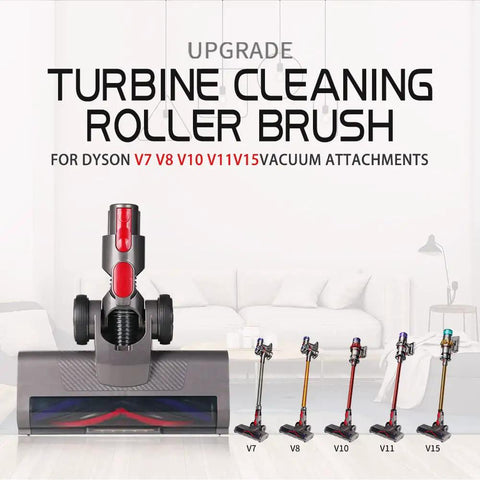 Floorhead Roller Brush Attachment with LED Headlights for Dyson V7 V8 V10 V11 V15 Vacuums showing upgrade turbine cleaning roller design