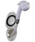 Recessed Shower With 6 Ft White Hose And Euro Trigger Sprayer For Boats And RVs, shown with open wall-mounted case