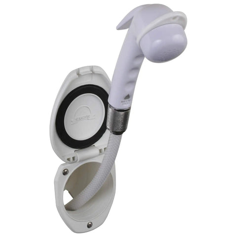 Recessed Shower With 6 Ft White Hose And Euro Trigger Sprayer For Boats And RVs, shown with open wall-mounted case