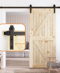 6 Ft Sliding Barn Door Hardware Kit With Black Track installed on wooden door in living room, showing J Shape Wheel System.
