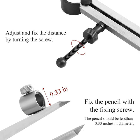 Rock Solid 8 Inch Woodworking Compass And Carbon Steel Scribe Divider With Locking Pin for precise pencil fixation and adjustment.