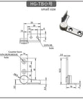 Stainless steel damping rotary hinge bracket with mounting plate; left, 2.0 N·m torque—front view and photo.