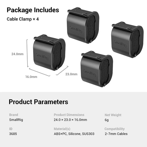 Camera Cable Lock Clamp 4 Pack For HDMI SDI And Microphone Cables Keeps DSLR Rig Cages And Handles Looking Clean No Cable Mess One Quarter Inch Twenty Mount Compatible, dimensions 24x23x16mm, SmallRig brand.
