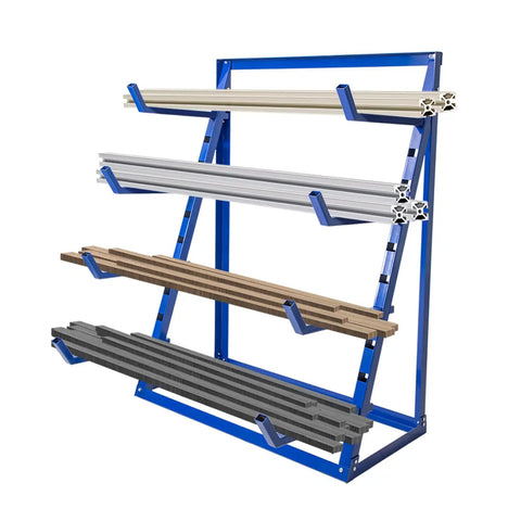 Sturdy Four Tier Shop Storage Rack With Adjustable Steel Bars For Lumber Planks And Piping Rock Solid Workshop Shelving System showcasing lumber and pipes on steel rails.
