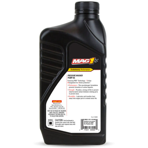 Top Drawer Pressure Washer Pump Oil With Advanced Anti Foaming Formula For Gas And Electric Machines Hella Reliable Synthetic Fluid in a black quart bottle.