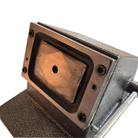 Close-up of Manual PVC Card Cutter For CR80 Cards All Metal Desktop Die Cutter With Steel Blade, showing cutting mechanism.
