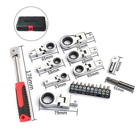 Flex Head Ratchet Wrench Set 20 Piece With 72-Tooth Ratchet And 180 Degree Flex Head includes multiple wrenches and bits