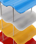 Go-To Four-Tier Stackable Cup Organizer With Wave Shape Bottle Rack in blue, white, yellow, and red tiers, metal supports visible