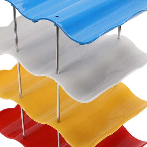 Go-To Four-Tier Stackable Cup Organizer With Wave Shape Bottle Rack in blue, white, yellow, and red tiers, metal supports visible