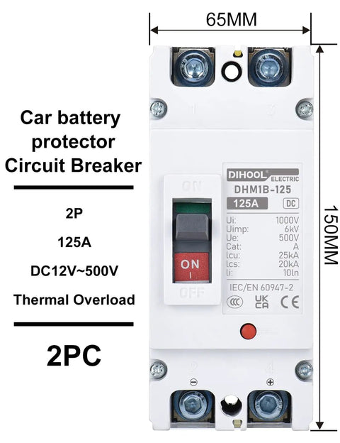 Heavy Duty 125 Amp DC Circuit Breaker And Battery Disconnect Switch For Solar Systems And UPS featuring a front view for easy maintenance.