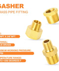 Six Piece Brass Pipe Fittings Set With Hex Bushings And Reducer Adapters Reducing Nipples solid brass, shown in various views.