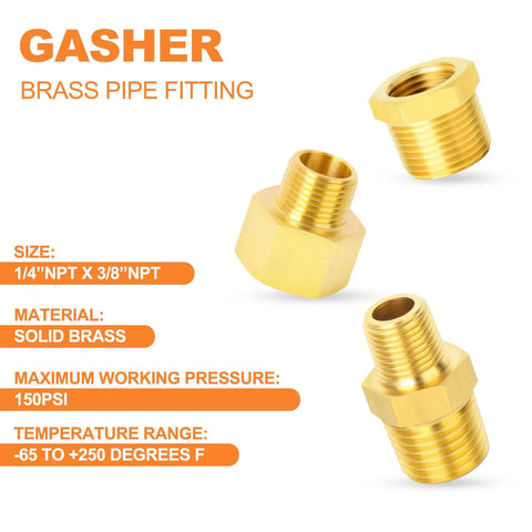 Six Piece Brass Pipe Fittings Set With Hex Bushings And Reducer Adapters Reducing Nipples solid brass, shown in various views.