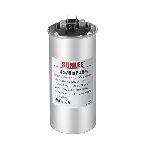 Dual Run Capacitor 45 And 5 Microfarads For HVAC Plug And Play 370V 440V CBB65 Round Replacement, Replaces 12288 TRCFD455 PRCFD455A