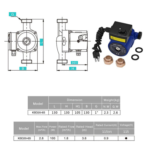 Dimensions and technical specifications of Hot Water Recirculation Pump 115V 3/4 Inch NPT For Solar Water Heaters And Boilers.
