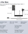 D Tap To Dual Sided NP-F Dummy Battery With USB-C Port And DC Output LED Display diagram, dimensions, and specifications.