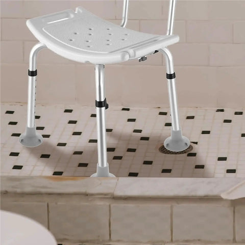 Shower chair with Non Slip Shower Chair Foot Caps 12 Pack Heavy Duty TPR Pads for bath seat replacement in tiled bathroom.