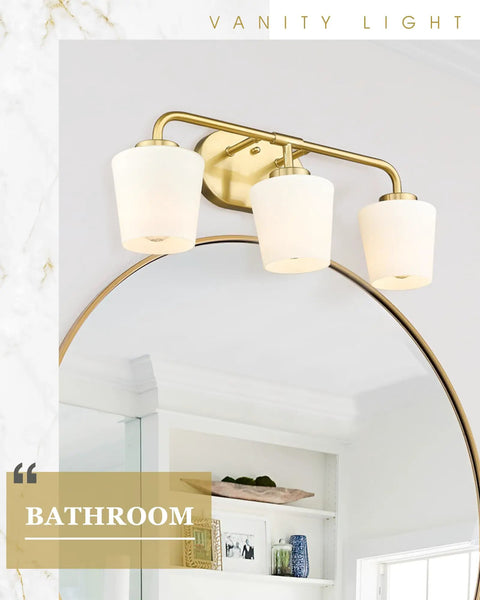 Brushed Gold Bathroom Vanity Light With Milk White Glass Shades 3 Light Farmhouse Brass Sconce Over Mirror Wall Mount Bath Fixture For Dope Modern Rustic Vibe