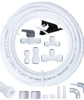 Refrigerator water line kit with 25 ft white 1/4 in OD tubing, compression fittings and valve.
