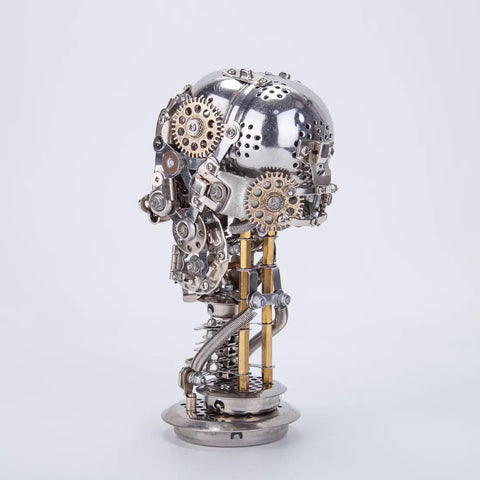 Dope 3D Metal Puzzle For Adults Mechanical Steampunk Skeleton Model Kit With 200+ Pieces, Durable Stainless Steel And Copper Parts, Desk Display Ornament, Compact Skeleton Sculpture For Office, Studio Or Gaming Room Decor, side view on stand