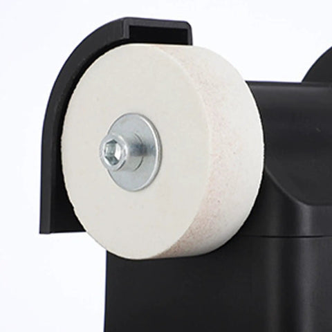 Heavy Duty Mini Bench Grinder Packed With Dual Grinding Wheels For Sharpening And Deburring Compact Tabletop Sander close-up of fine abrasive wheel.