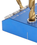 Top Shelf Aluminum Drill Guide Jig For Dead On 30 45 90 Degree Holes Rock Solid Multi Angle Woodworking Tool close-up with HSS bits.