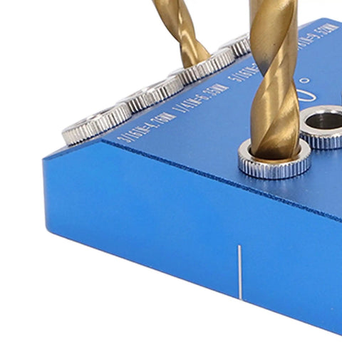 Top Shelf Aluminum Drill Guide Jig For Dead On 30 45 90 Degree Holes Rock Solid Multi Angle Woodworking Tool close-up with HSS bits.
