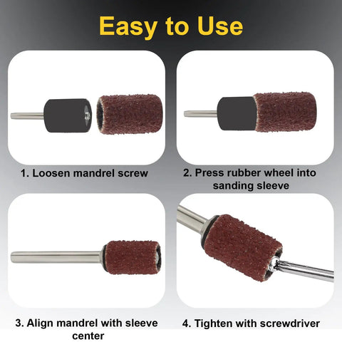 Pro Grade 80 Grit One Quarter Inch Sanding Drum Set With 100 Pieces Premium Aluminum Oxide Sleeves And Steel Mandrels assembly steps