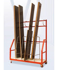 Heavy Duty Vertical Storage Cart With Five Separate Compartments And Smooth Rolling Caster Wheels Built Like A Tank For Hella Sturdy Garage Workshop Organization And Tough Material Handling, loaded with boards.