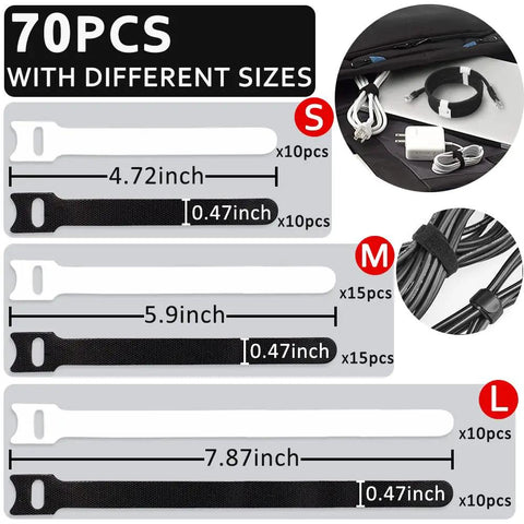 70 Pack Reusable Hook And Loop Cable Ties in black and white with sizes 4, 6, 8 inches for easy cable management across electronics.