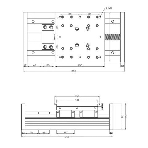 Technical drawing of Rock Solid Heavy Duty Linear Guide Rail Kit With Sfu1605 Ball Screw and Hgr15 Sliding Motion Table dimensions.