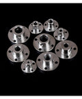 Rugged One Piece Flange Shaft Coupling No Sweat Setup And Heavy Duty High Hardness Build Awesome For Motor Guide Shaft Optical Axis Bearing Mounts Diy Gear Mods 4Mm showing multiple sizes of steel flange couplings.