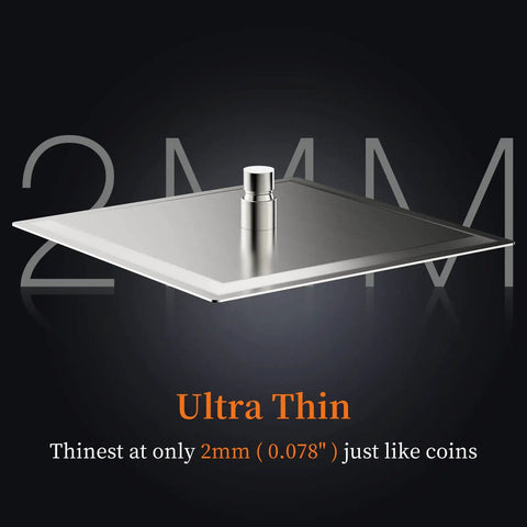 16 Inch Square Rain Shower Head With Ultra Thin Profile in brushed nickel, showing thin 2mm edge and mount.