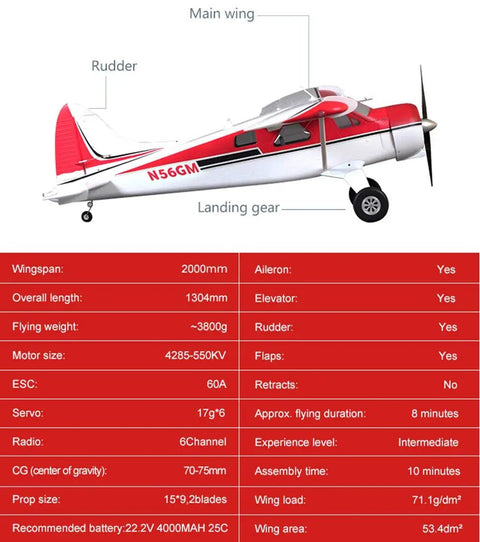 Side view of Beaver V2 Seaplane RC Plane With 2000mm Wingspan 78 Inches, detailed specs and labeled parts, in white and red.