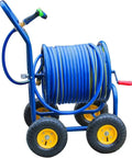 Heavy Duty Garden Hose Reel Cart With Extended Water Pipe Storage Rack And Smooth Rolling Wheels for easy yard maintenance.