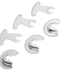 6 Piece Segment Oscillating Blades Set For Multitool Saw Carbide Blades shown in a fan arrangement for woodworking tile concrete