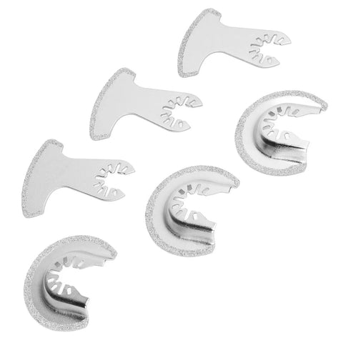 6 Piece Segment Oscillating Blades Set For Multitool Saw Carbide Blades shown in a fan arrangement for woodworking tile concrete