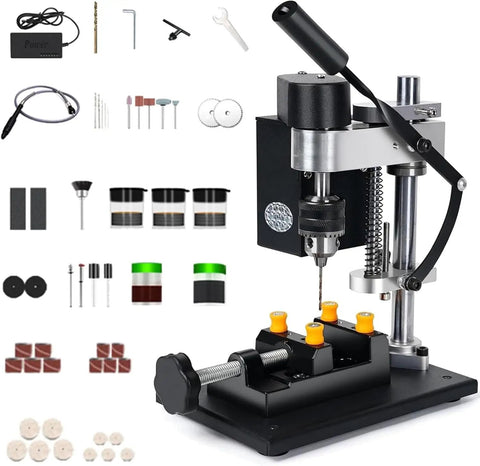 Mini Bench Drill Press With Seven Gear Variable Speed For Precise Drilling On Metal Wood Plastic And Acrylic, compact design with accessories included.