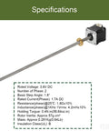 Image of a Nema 17 Lead Screw Stepper Motor with Beefy 0.4Nm Torque, showing specifications and 12.2 inch lead screw.