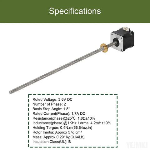 Image of a Nema 17 Lead Screw Stepper Motor with Beefy 0.4Nm Torque, showing specifications and 12.2 inch lead screw.