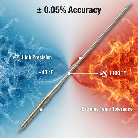 Image of a 2-Pack Type K Thermocouple Probe With Flexible Sensor For High Temperature Measurements Go-To Tool For Serious Heat Minus 40 to 1100 Fahrenheit, showing high precision and extreme temperature tolerance.