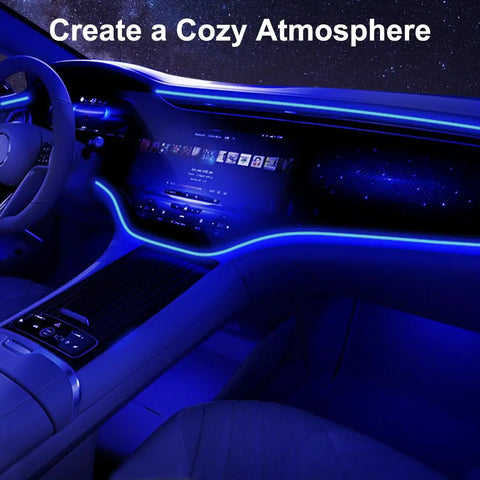 Interior Car LED Strip Lights 16.5Ft USB Neon EL Wire With 6mm Sewing Edge Blue Ambient Lighting Kit For Car Interior Decor Lit Neon Rope Light With Strobing Glow, Flexible Plug And Play installed in car