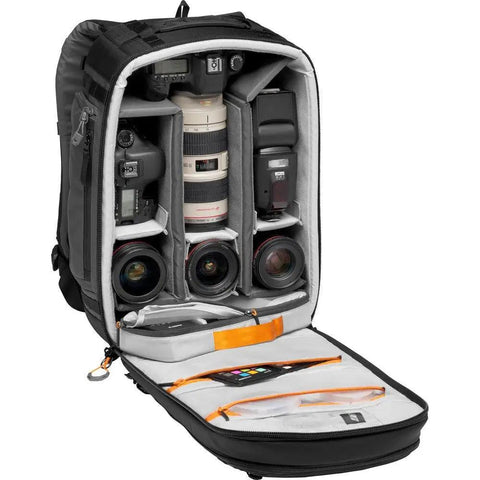 Pro Trekker BP 350 AW II Outdoor Camera Backpack With MaxFit Dividers open, showing organized DSLR, lenses, and accessories inside.